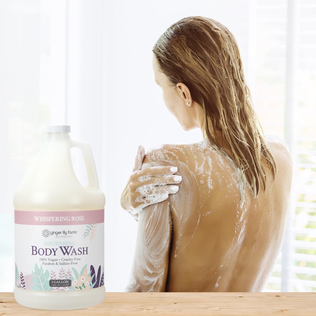 Ginger Lily Farms Nourishing Body Wash vegan and cruelty-free certification badge on label.