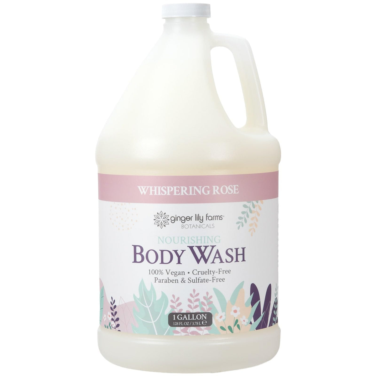 Ginger Lily Farms Botanicals Nourishing Body Wash bottle with Whispering Rose scent for daily cleansing.