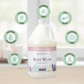 Whispering Rose scent label on Ginger Lily Farms Nourishing Body Wash bottle.