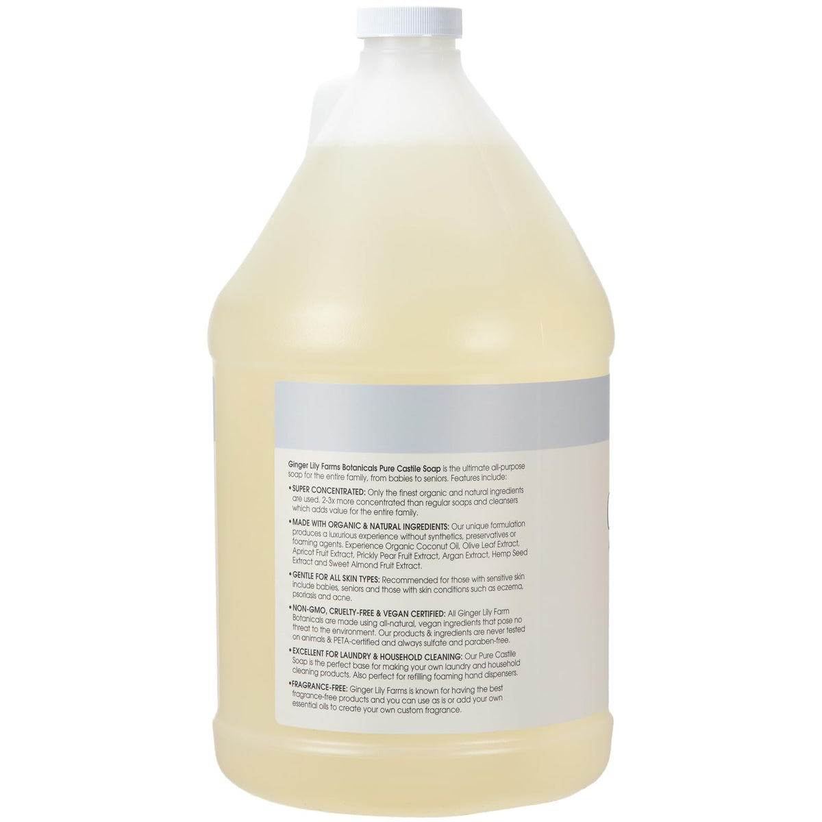 Ginger Lily Farms label closeup shows organic ingredients and vegan cruelty-free assurance.