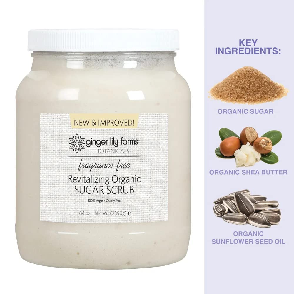 Ginger Lily Farms Botanicals Organic Sugar Scrub packaging label showing fragrance-free formula.