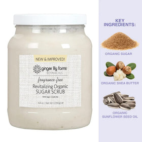 Ginger Lily Farms Botanicals Organic Sugar Scrub packaging label showing fragrance-free formula.