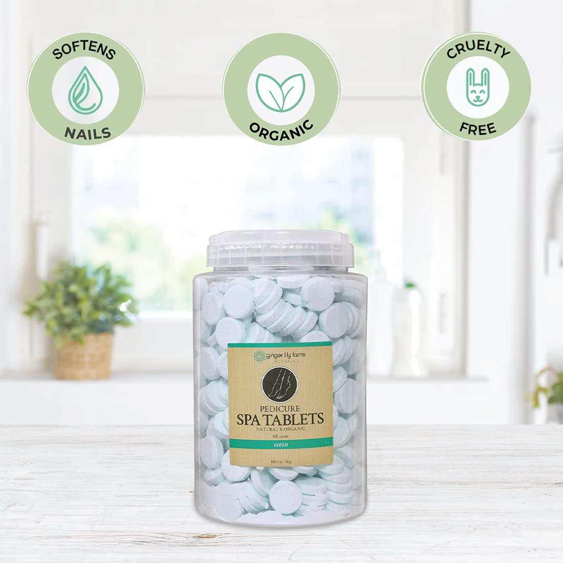Ginger Lily Farms Pedicure Spa Tablets with tea tree oil for skin nourishment during foot soaks.
