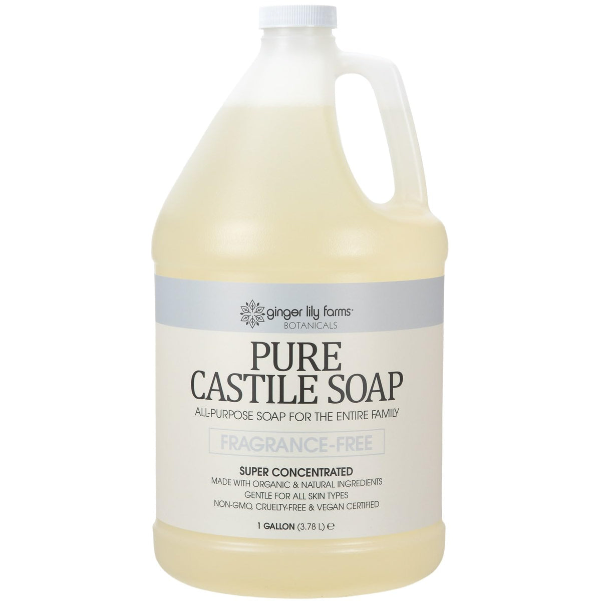 Ginger Lily Farms Pure Castile bottle front, fragrance-free packaging for sensitive skin care.