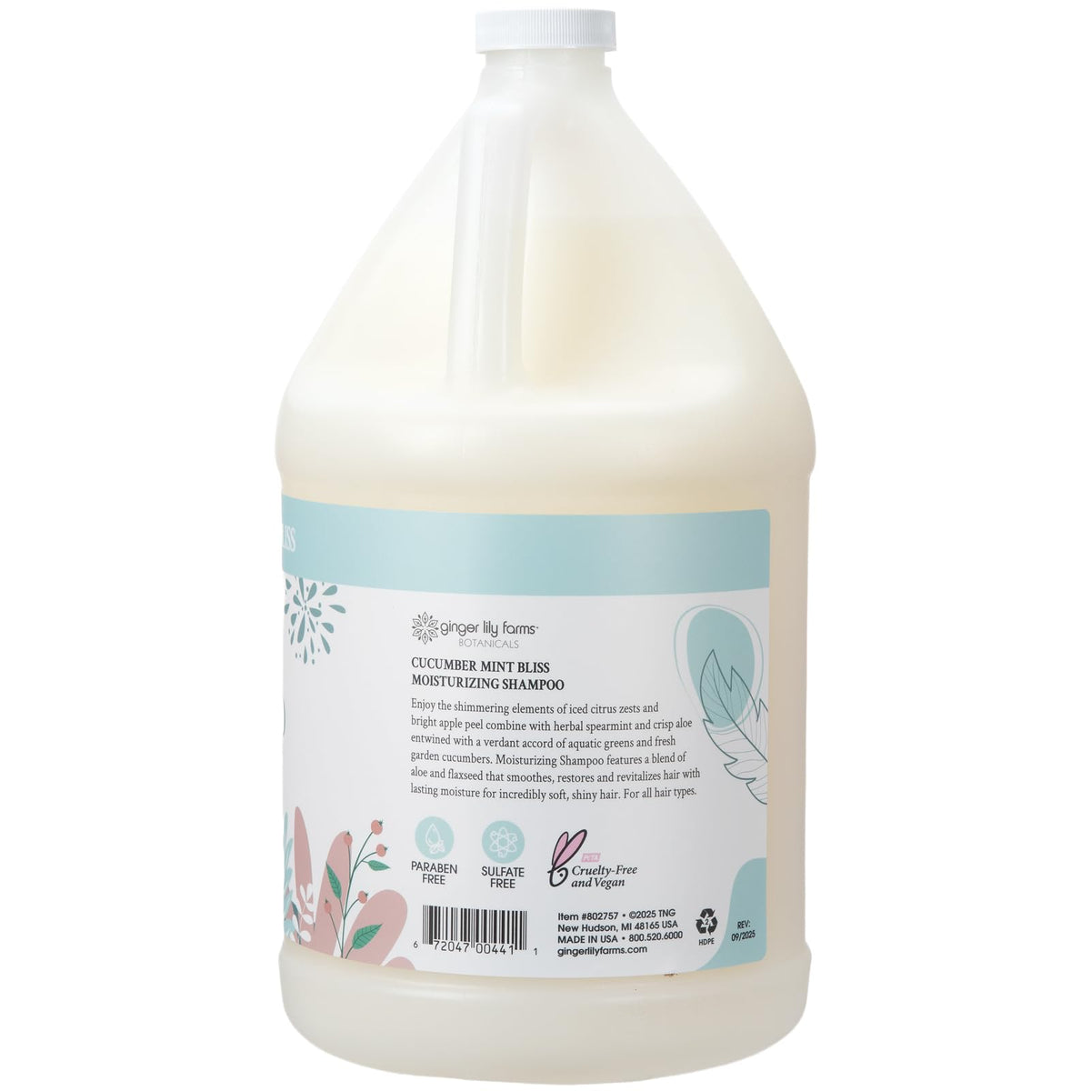 Ginger Lily Farms Botanicals shampoo bottle label highlights paraben-free vegan formula.