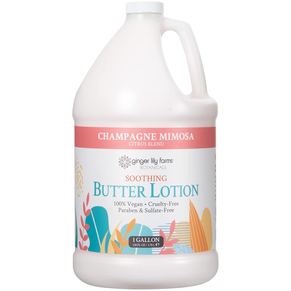 Ginger Lily Farms Champagne Mimosa lotion bottle shows silky hydration