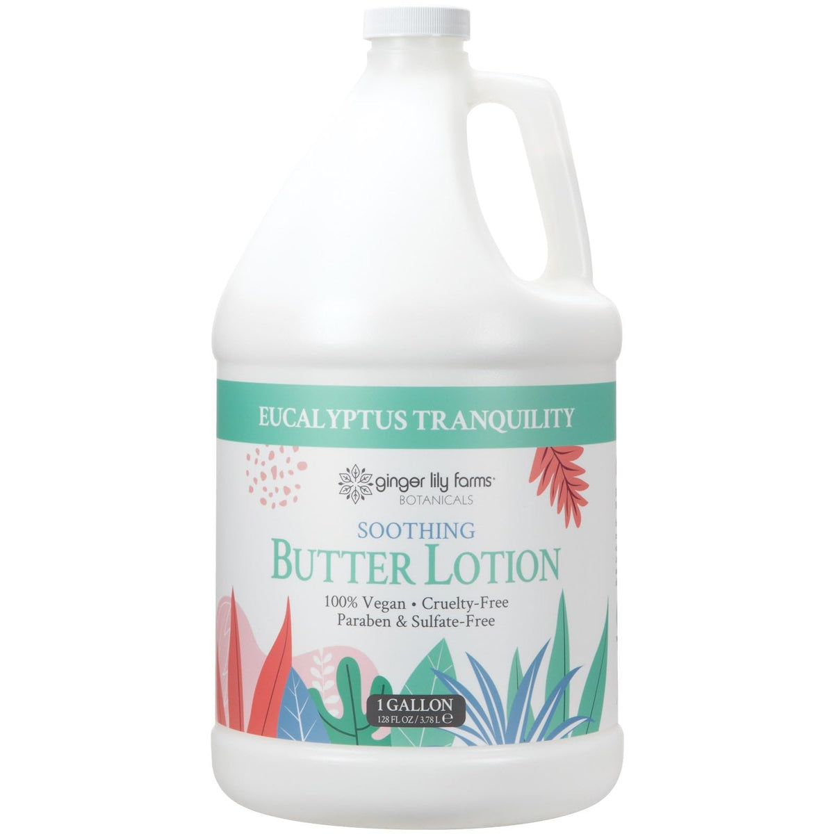 Ginger Lily Farms Botanicals soothing butter lotion bottle highlights fast-absorb hydration, ideal after shower.