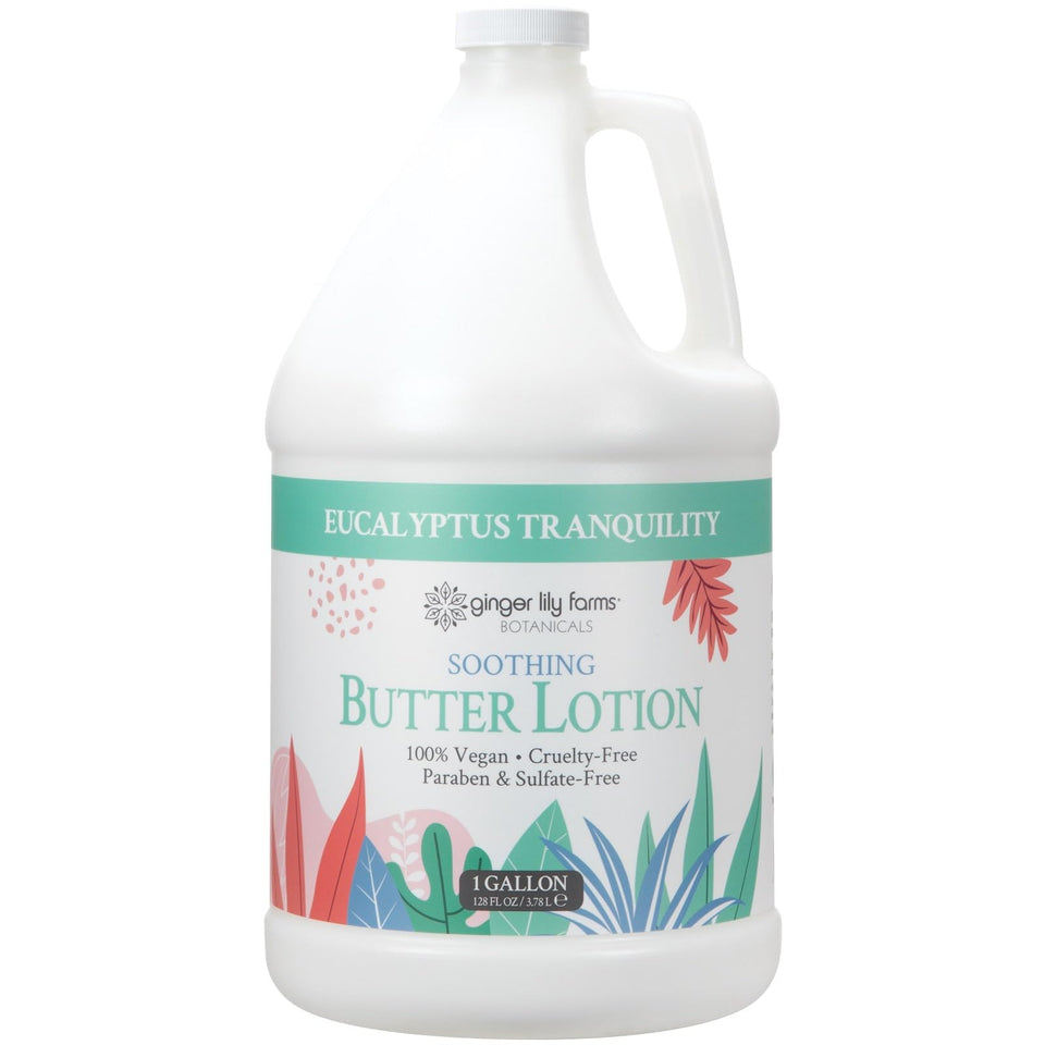 Ginger Lily Farms Botanicals soothing butter lotion bottle highlights fast-absorb hydration, ideal after shower.