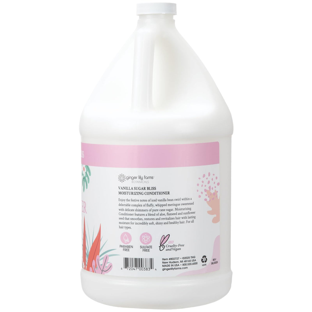 Ginger Lily Farms Botanicals Vanilla Sugar Bliss conditioner label highlights vegan, cruelty-free formula