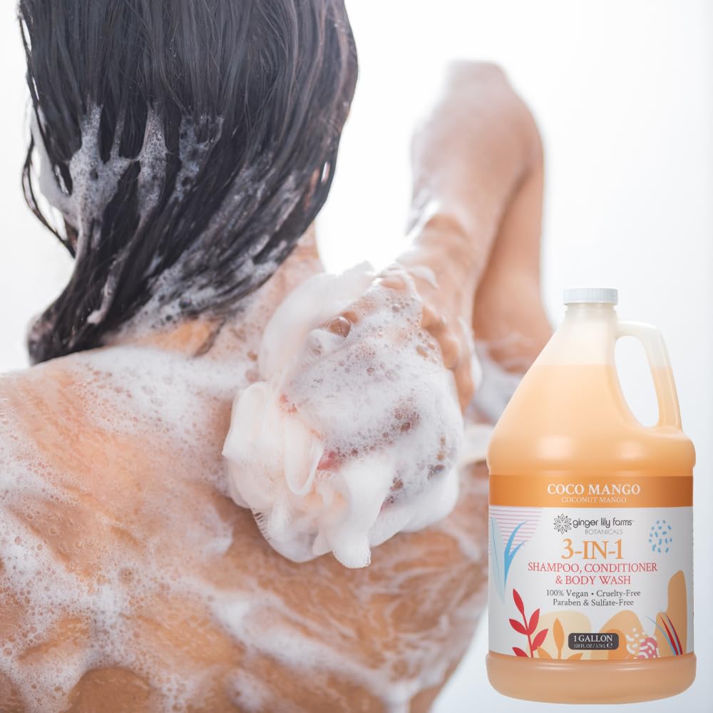 Ginger Lily Farms 3-in-1 usage: shampoo, conditioner, and body wash.