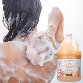 Ginger Lily Farms 3-in-1 usage: shampoo, conditioner, and body wash.
