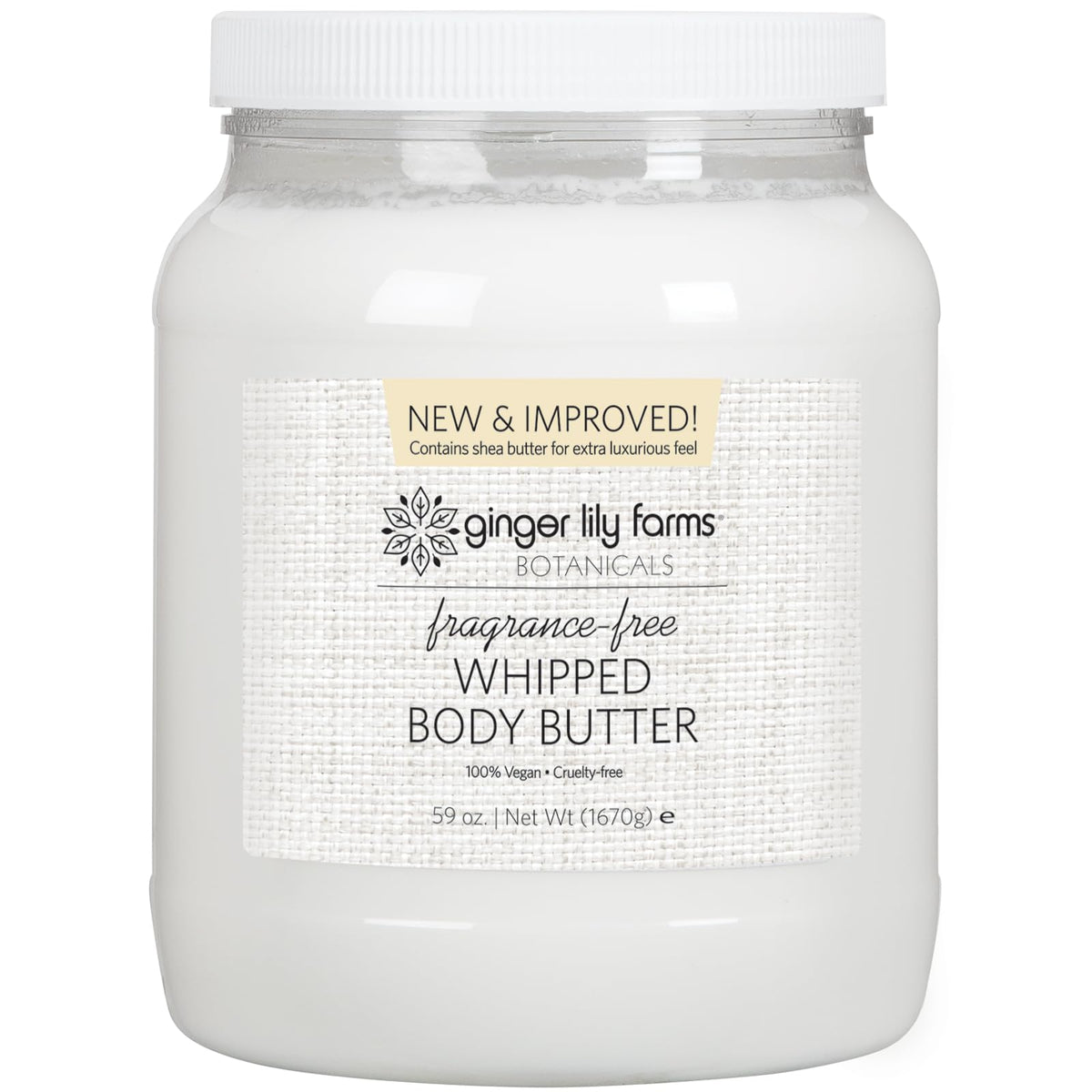 Ginger Lily Farms Botanicals whipped body butter in jar shows creamy texture.