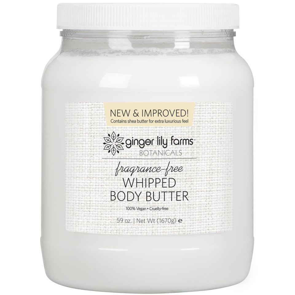 Ginger Lily Farms Botanicals whipped body butter in jar shows creamy texture.