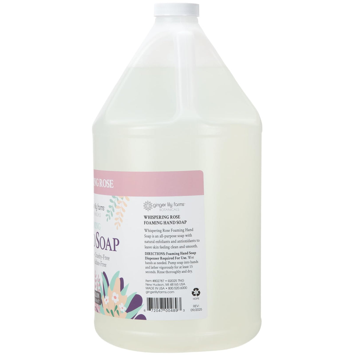 Ginger Lily Farms Botanicals Whispering Rose label highlights floral fragrance.