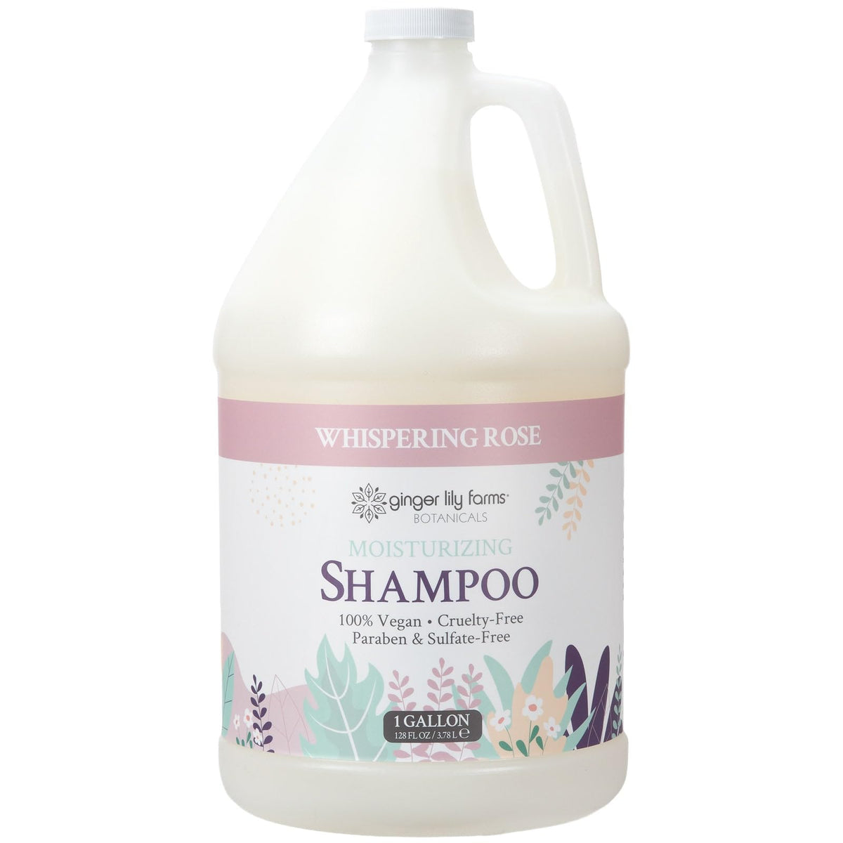 Ginger Lily Farms Botanicals Whispering Rose shampoo bottle showing moisturizing formula for all hair types