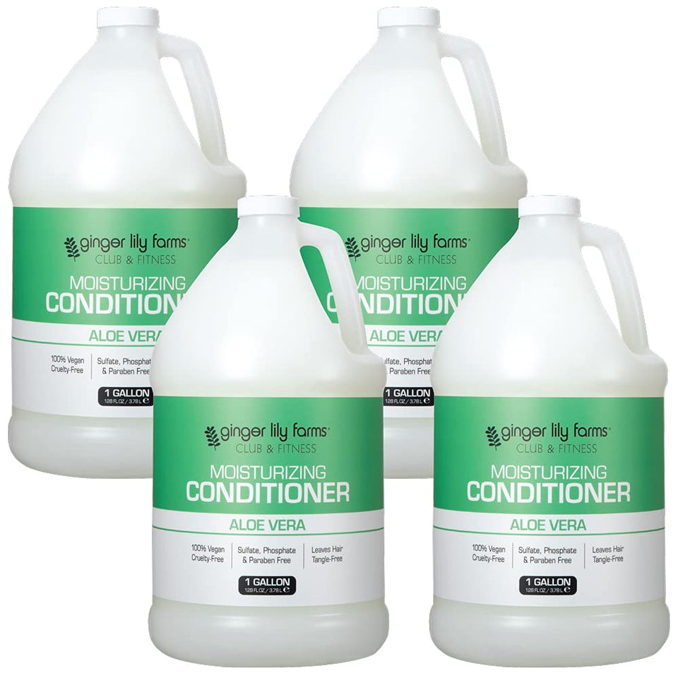 Ginger Lily Farms Club & Fitness conditioner bottle pour illustrating weightless hydration.