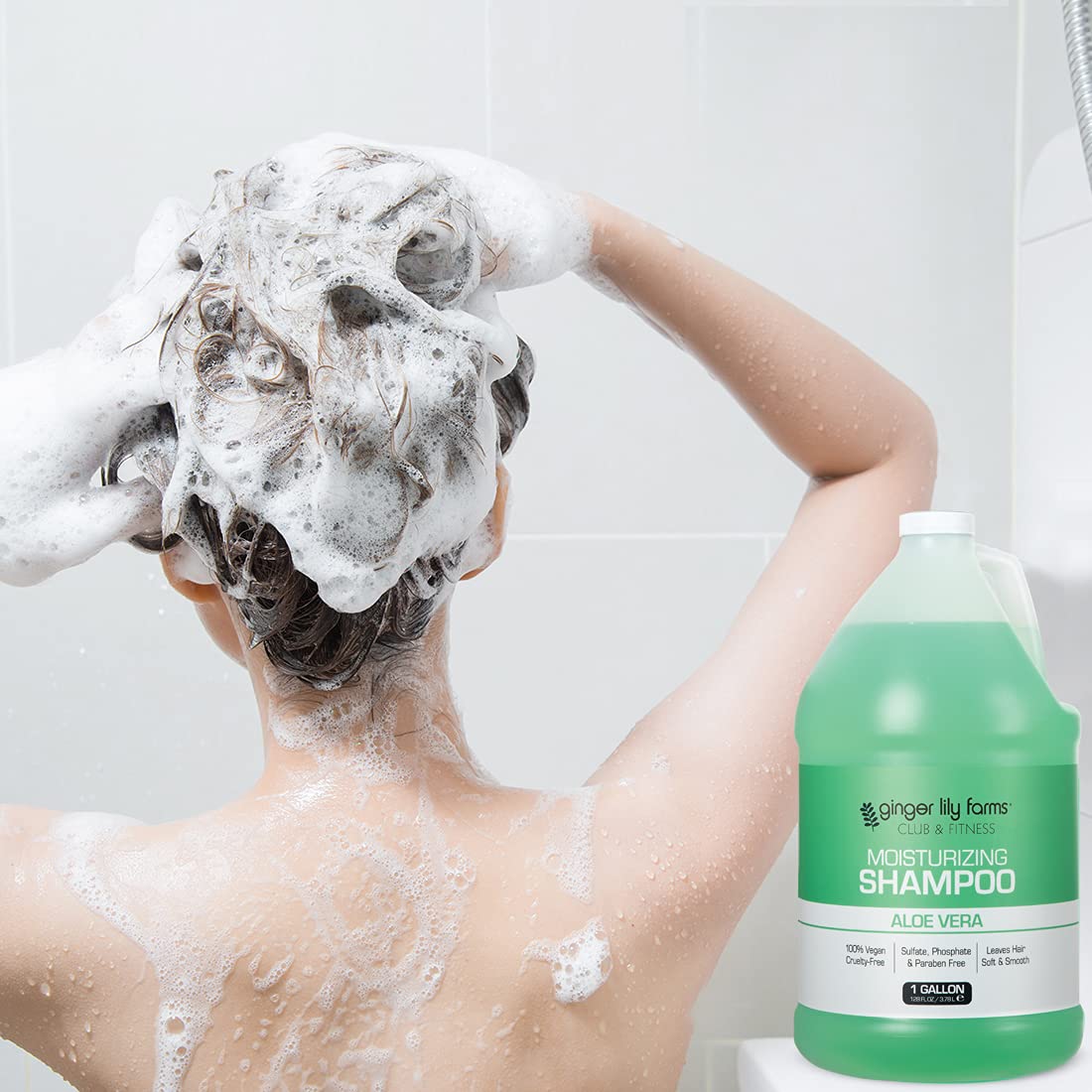 Ginger Lily Farms Club & Fitness shampoo in a commercial spa setting.