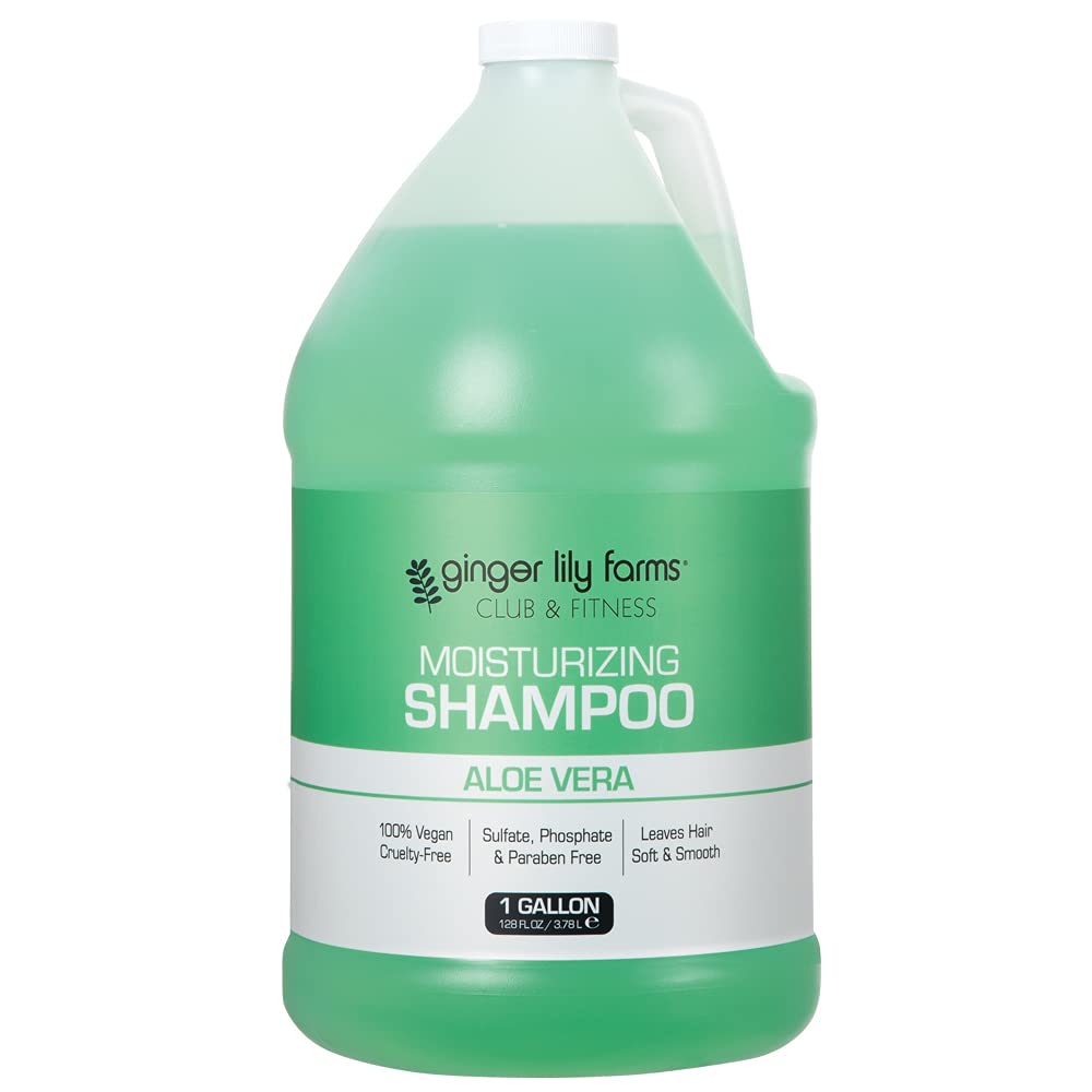 Ginger Lily Farms Club & Fitness shampoo label close-up highlighting aloe vera scent.