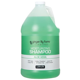 Ginger Lily Farms Club & Fitness shampoo label close-up highlighting aloe vera scent.
