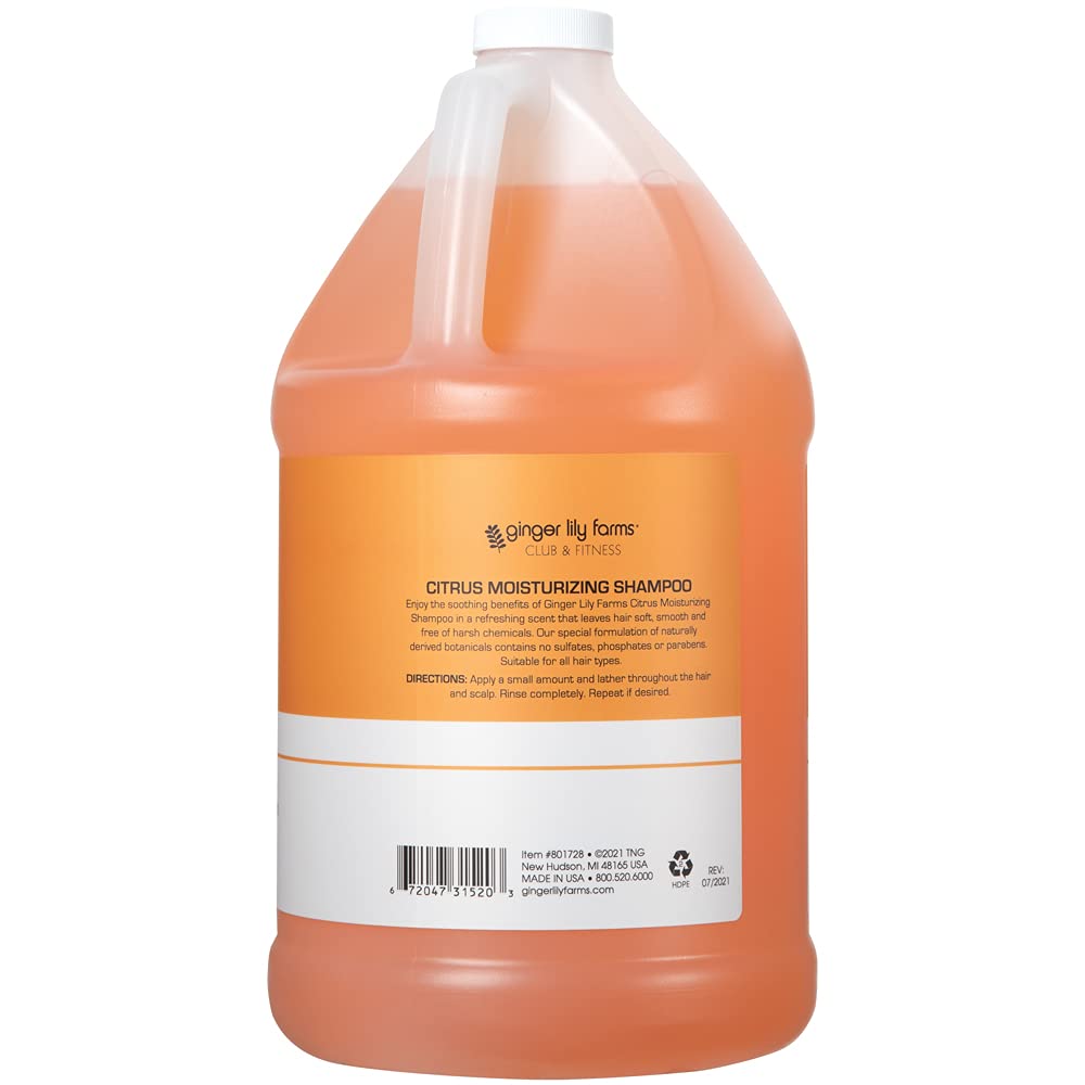 Ginger Lily Farms Club Fitness shampoo label close up highlights botanicals for nourished hair.