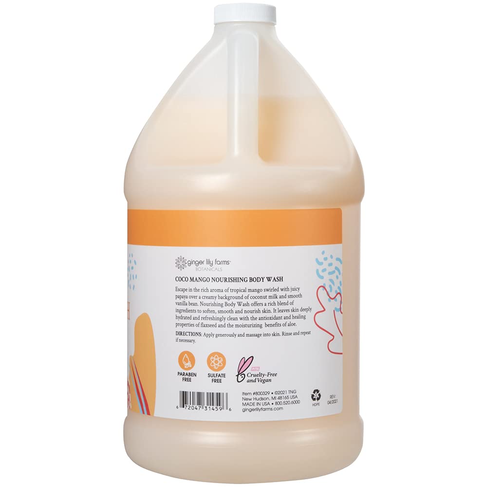 Ginger Lily Farms Nourishing Body Wash bottle close-up highlights soothing formula.