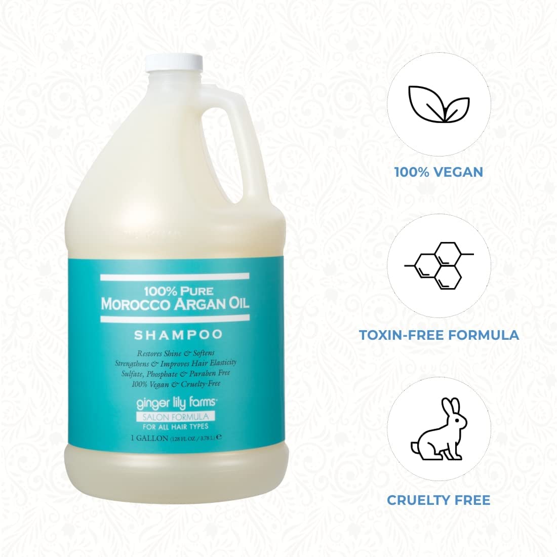 Ginger Lily Farms bottle in salon setting suggesting all hair types suitable