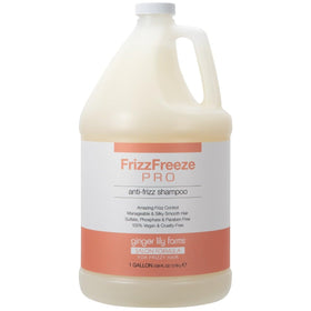 Ginger Lily Farms FrizzFreeze Pro bottle shows anti-frizz action for smoother hair.