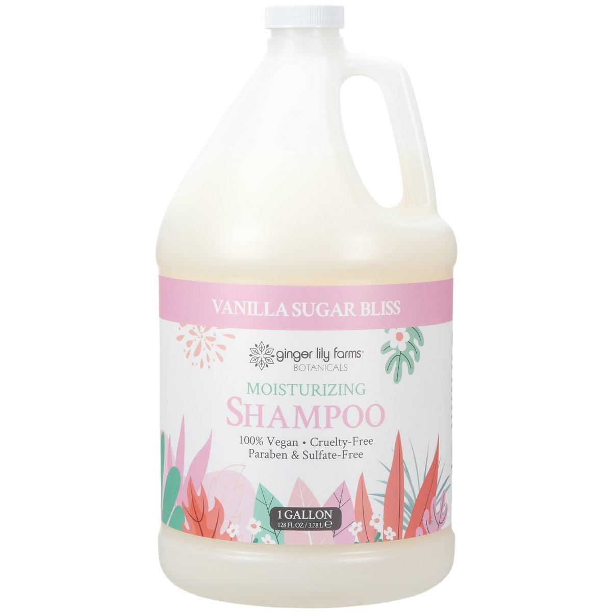 Ginger Lily Farms Vanilla Sugar Bliss shampoo bottle front promises lasting moisture for all hair types