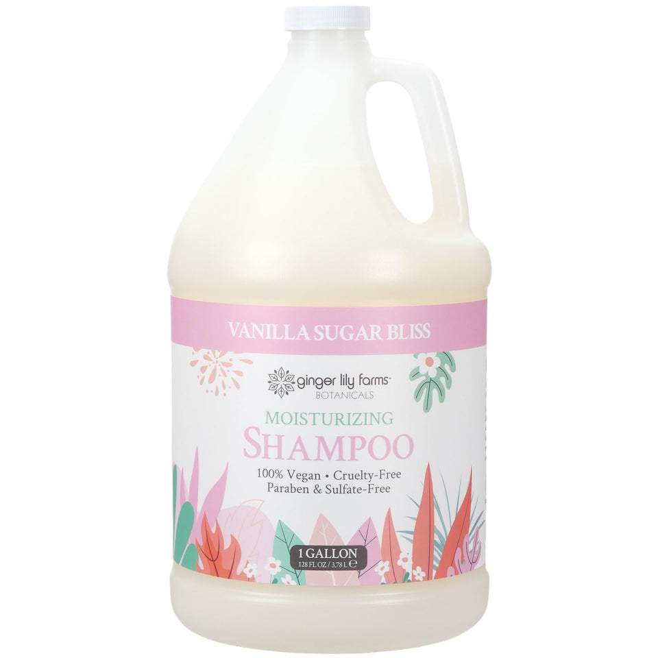 Ginger Lily Farms Vanilla Sugar Bliss shampoo bottle front promises lasting moisture for all hair types