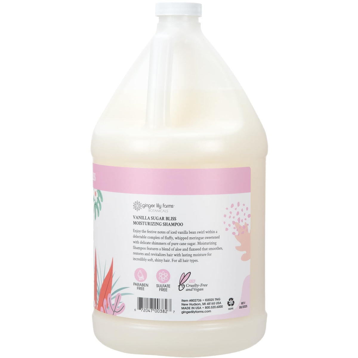Ginger Lily Farms Vanilla Sugar Bliss shampoo label detail highlights vegan and cruelty-free credentials