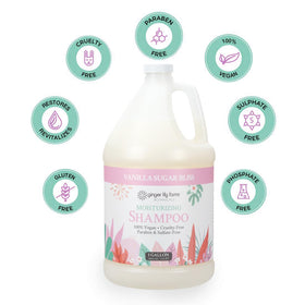 Ginger Lily Farms Vanilla Sugar Bliss shampoo lather illustrating deep hydration on hair