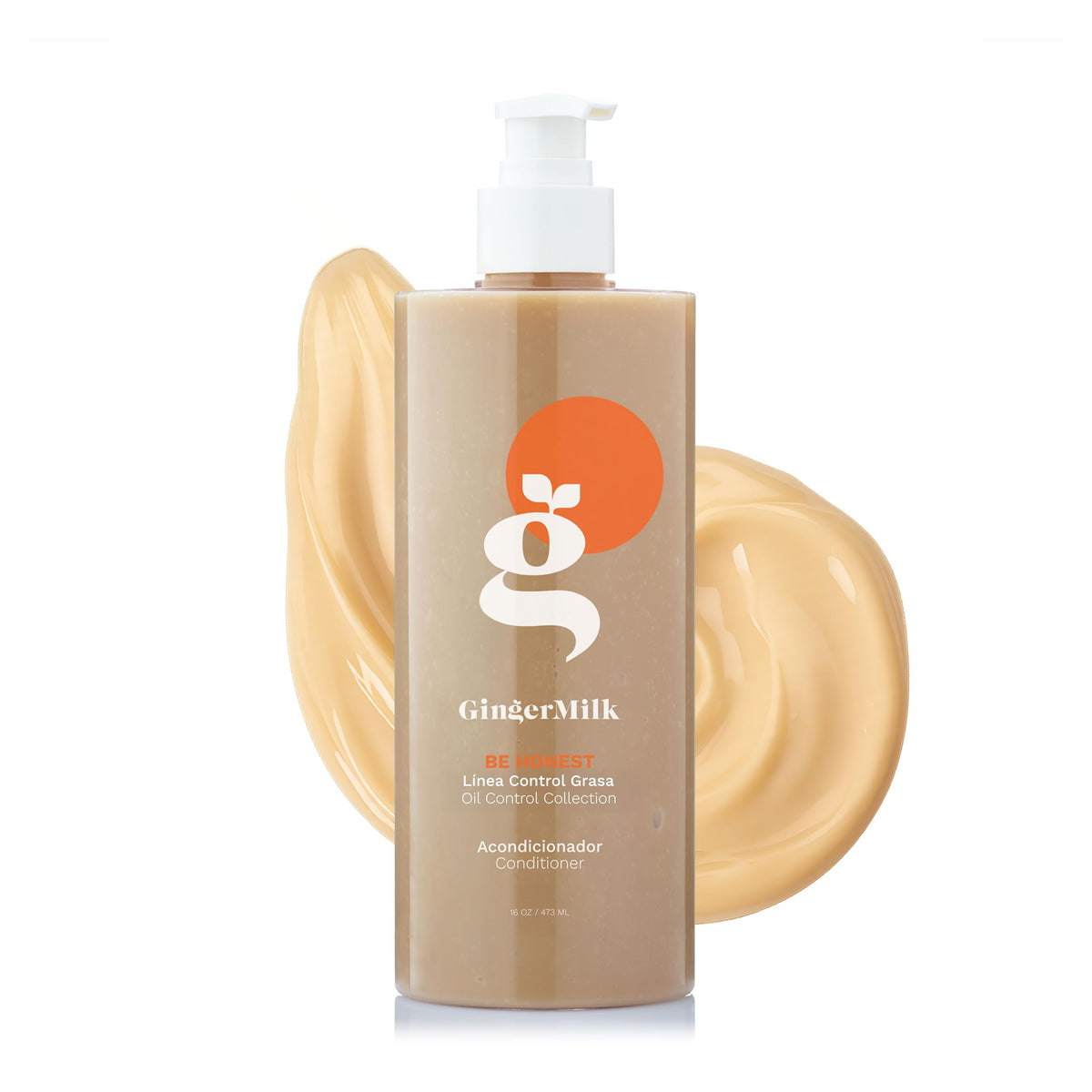 Ginger Milk Be Honest conditioner bottle highlighting vegan, chemical-free formula for all hair types.