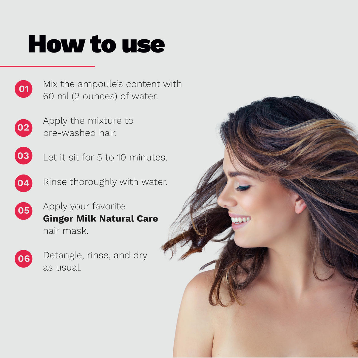 Ginger Milk Hair Repair Ampoule with shiny, revitalized hair for added glow.
