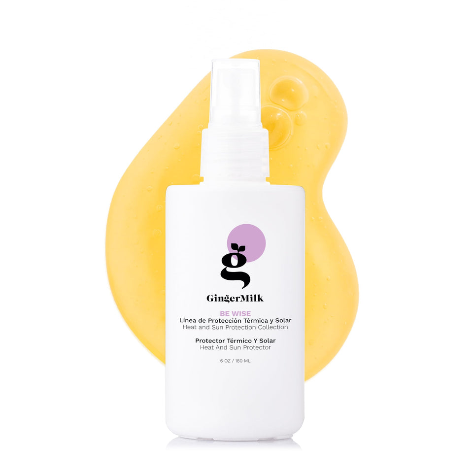 Ginger Milk Thermal Protectant bottle pouring to shield hair from heat.