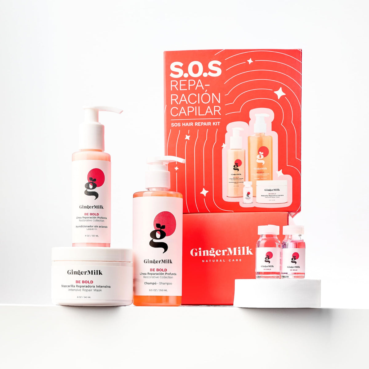 Ginger Milk Natural Care SOS Hair Repair Kit hair close-up shows smooth texture and shine.