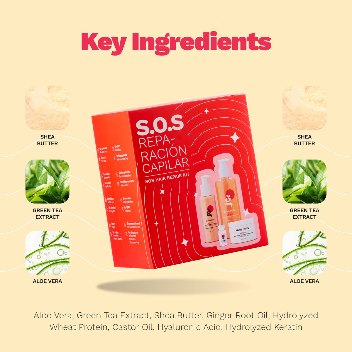 Ginger Milk Natural Care SOS Hair Repair Kit leave-in bottle locks in moisture.