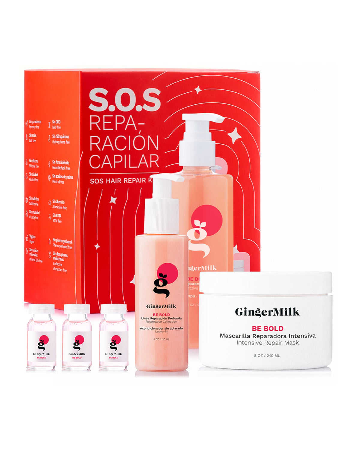 Ginger Milk Natural Care SOS Hair Repair Kit shampoo bottle strengthens hair fibers.