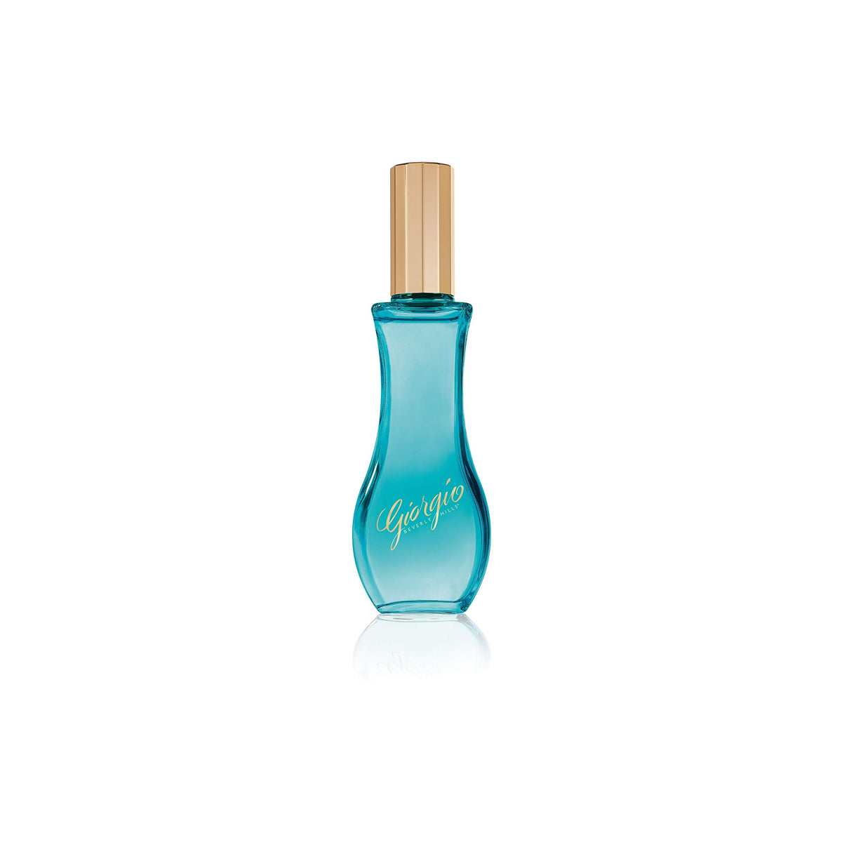 Close-up of Giorgio Blue bottle label highlighting floral fruity aroma.