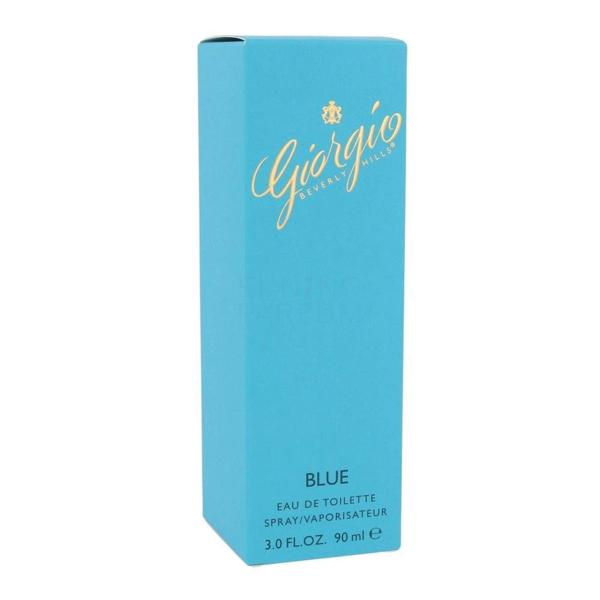 Giorgio Blue bottle sits on driftwood background evoking fresh warmth.