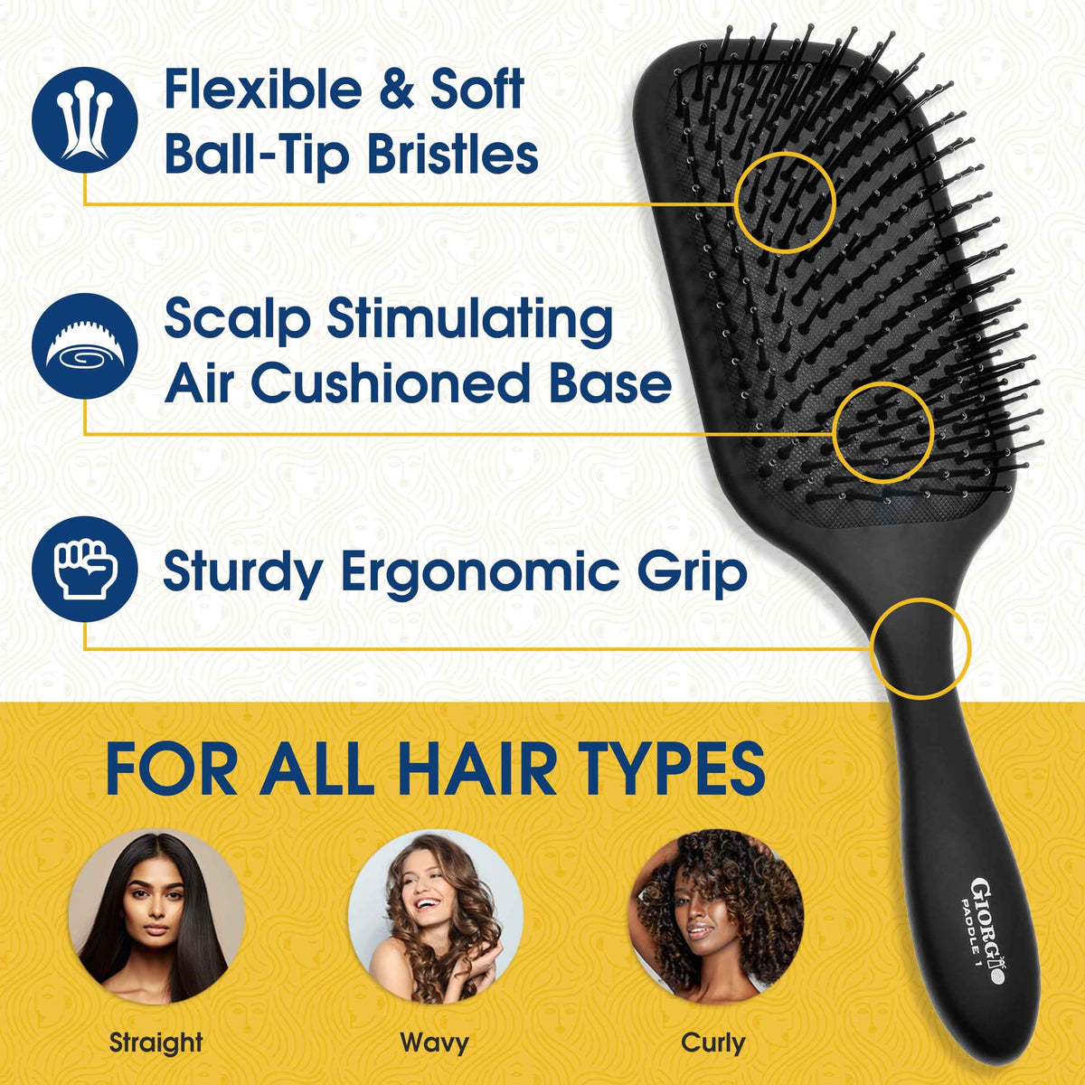 Giorgio detangling paddle brush anti-static design minimizes frizz during styling.