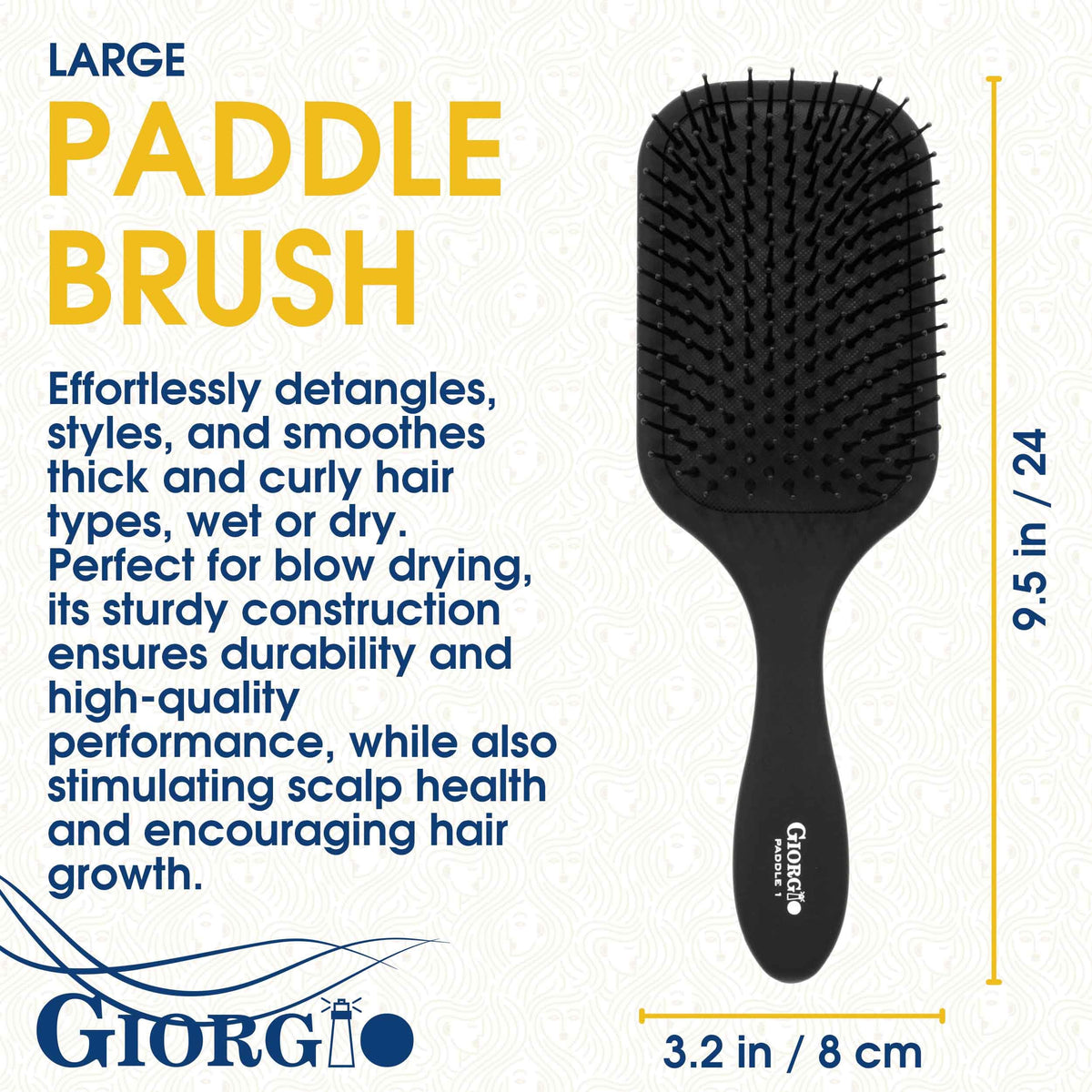 Giorgio detangling paddle brush with tourmaline bristles for smoother brushing.
