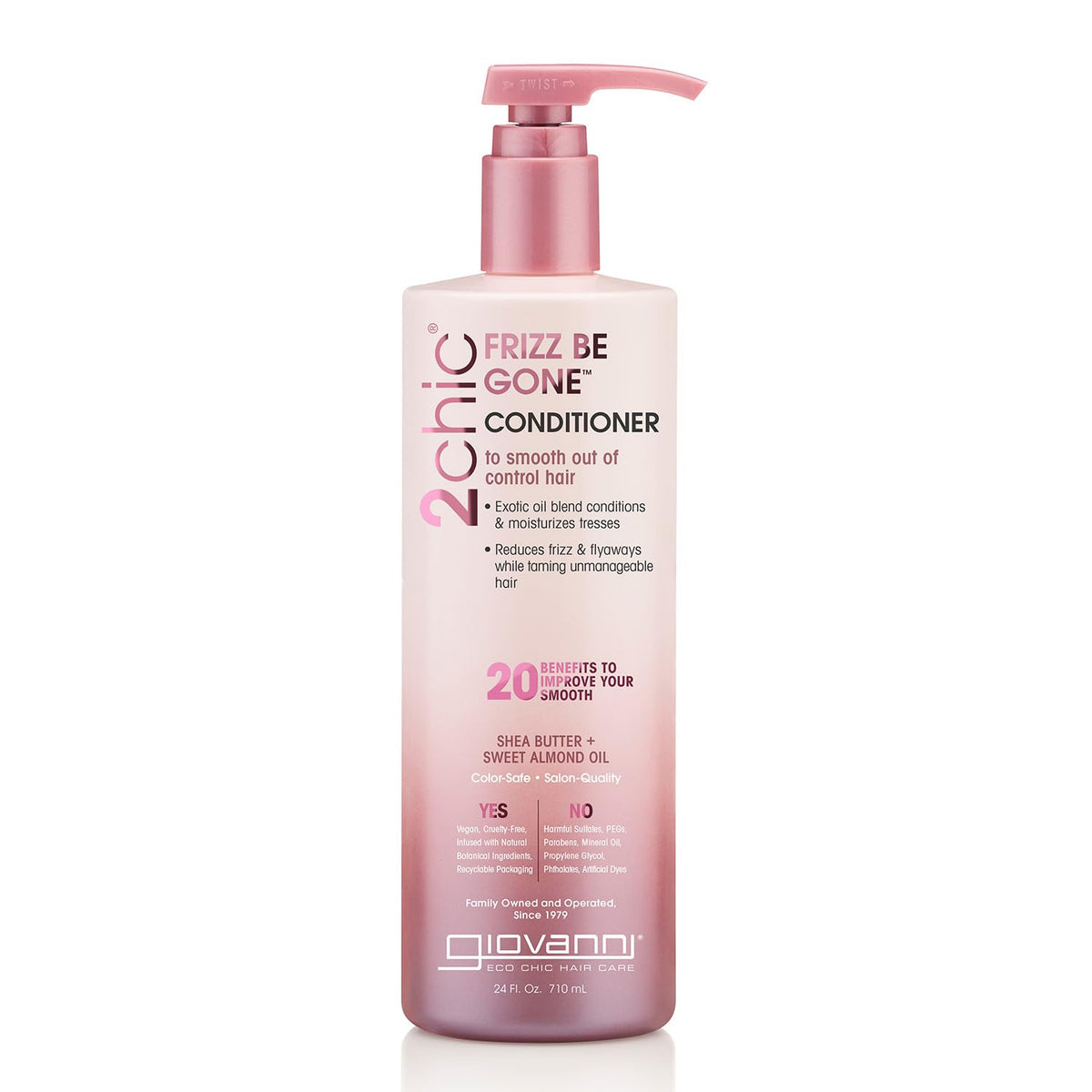 Giovanni 2chic Frizz Be Gone conditioner bottle shown for frizz control and color-safe care.