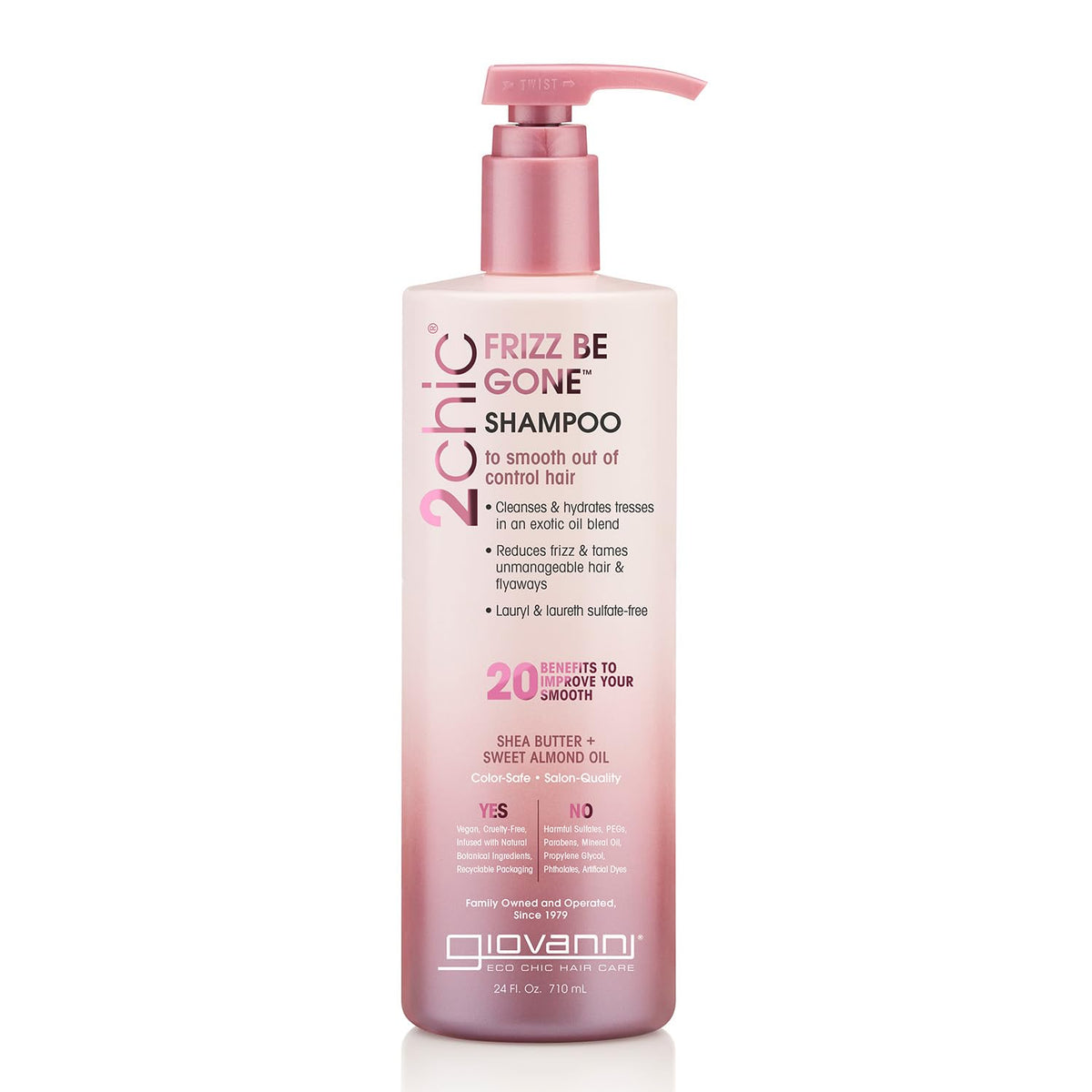 GIOVANNI 2chic Frizz Be Gone shampoo bottle promotes frizz control and color-safe cleansing.