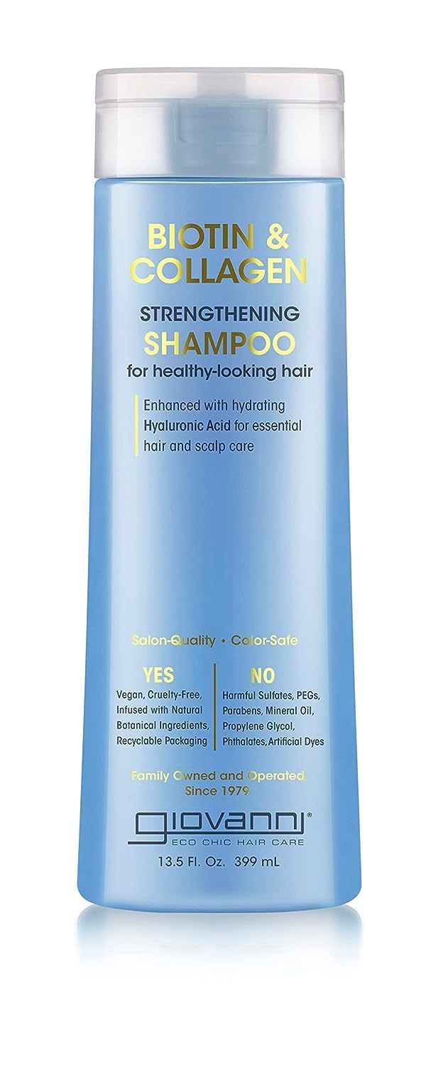 GIOVANNI Biotin & Collagen Shampoo bottle pour for a gentle color-safe cleanse.