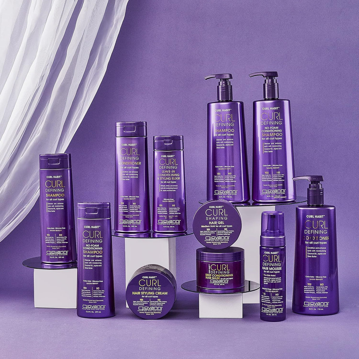 GIOVANNI Curl Habit vegan cruelty-free badge emphasizes ethical hair care choice.