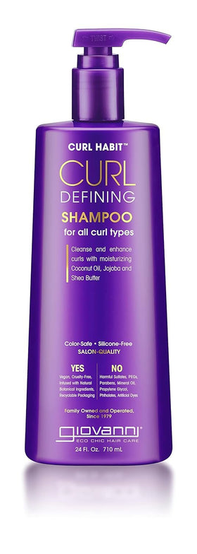 GIOVANNI Curl Habit shampoo bottle on display, highlighting curl definition for all hair types.