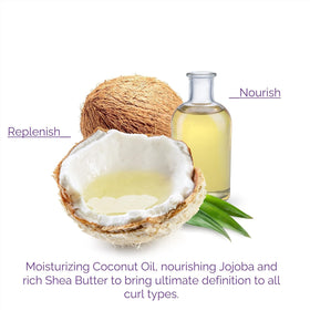GIOVANNI Curl Habit ingredient close-up with coconut oil, jojoba, shea butter supporting frizz control.