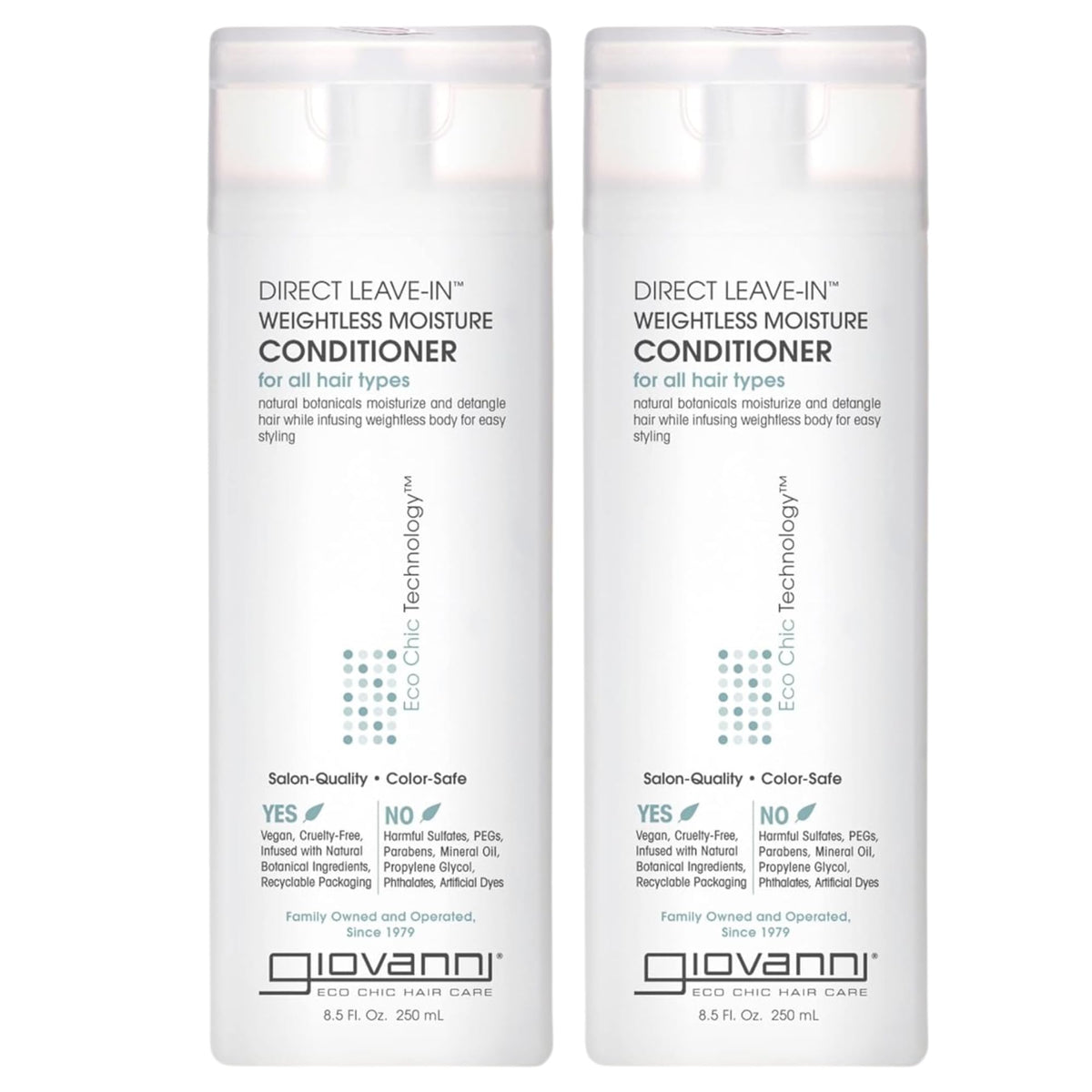 GIOVANNI Direct Leave-In bottle highlights weightless moisture for soft curls.