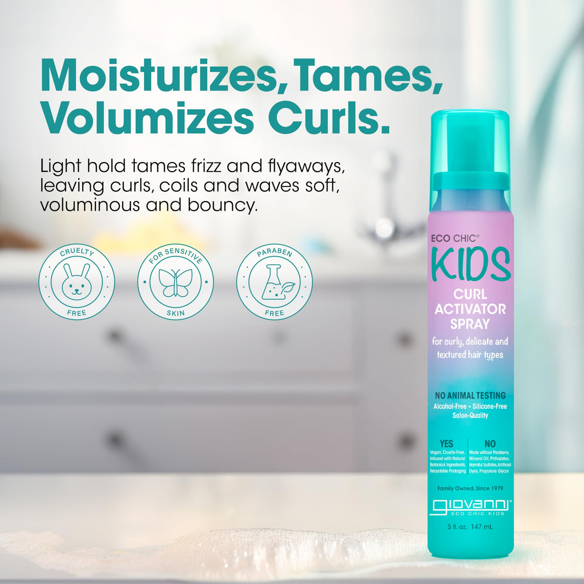 Giovanni Eco Chic KIDs Curl Activator Spray mist on damp hair for definition.