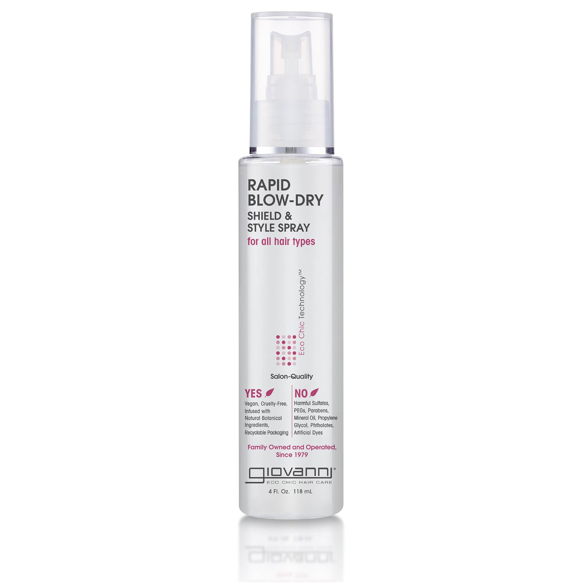 Giovanni Rapid Blow Dry Shield bottle shown for heat protection during styling.
